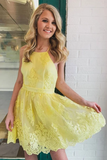 Backless Short Lace Appliques Prom Dresses,A Line Yellow Graduation Homecoming Dresses,Cocktail Dress HZ1023