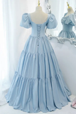 Light Blue A-line Long Formal Dress with Short Sleeves HZ1023