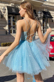 Blue A-line Beaded Spaghetti Straps Short Homecoming Dress HZ1023