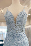 Light Blue Appliques Plunge V Backless Short Homecoming Dress HZ1023