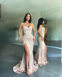 Sexy Long Mermaid Elegant Strapless Prom Dresses Sleeveless High Split Button Satin Formal Dress Women Evening Party Gowns HZ1023