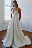 White fashion backless satin A-line long elegant trailing back bow ball gown evening dress wedding dress HZ1023