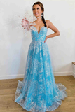 Princess Blue Straps A-Line Long Prom Gown HZ1023