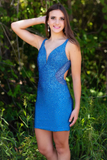Blue Beaded V-Neck Backless Mini Homecoming Dress HZ1023