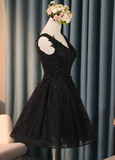 Lovely Black Lace V-neckline Short Homecoming Dress, Black Party Dress HZ1023