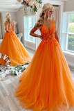 Elegant V Neck Beaded Orange Tulle Long Prom Dresses with Lace Appliques, Orange Lace Formal Graduation Evening Dresses HZ1023