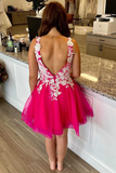 Neon Pink Appliques Backless A-Line Short Homecoming Dress HZ1023