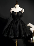 Black Straps Tulle Short Homecoming Dress Prom Dress, Little Black Party Dresses HZ1023