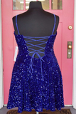 Royal Blue Sequin V-Neck Straps Lace-Up Back Homecoming Dress HZ1023