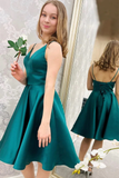 Cute V Neck Short Green Satin Prom Dress Homecoming Dress, V Neck Green Formal Graduation Evening Dress HZ1023
