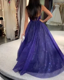 Royal Blue Top Satin Prom Dresses , Prom outfits Long Sparkling Tulle HZ1023