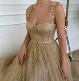 Gold sequin tulle corset fairy starlight gown long ball gown evening dress HZ1023
