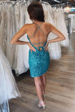 Teal Blue Sequins V-Neck Short Homecoming Dress HZ1023