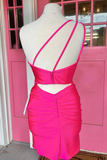 Neon Pink One-Shoulder Backless Bodycon Short Dress HZ1023