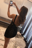 Black Sequins One-Shoulder Short Fitted Homecoming Dress HZ1023