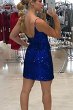 Royal Blue Sequins Bodycon Mini Dress with Straps HZ1023