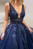 A Line V Neck Dark Blue Lace Beaded Prom Dresses, Dark Blue Lace Long Formal Evening Dresses HZ1023