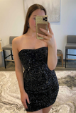 Black Sequined Strapless Mini Homecoming Dress HZ1023