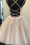 Short Backless Champagne Lace Prom Dresses, Short V Neck Champagne Lace Graduation Homecoming Dresses HZ1023