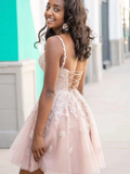 Pink A-line V-neck short lace prom dress formal homecoming dress party dress HZ1023