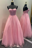 Shiny Tulle Open Back Pink/Blue Long Prom Dresses, Pink/Blue Tulle Formal Graduation Evening Dresses HZ1023