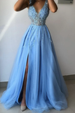 Sky Blue Prom Dress with Slit, Evening Dress, Formal Dresses HZ1023