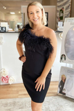 Feathers Black One-Shoulder Bodycon Short Cocktail Dress HZ1023