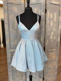 Simple v neck light blue short prom dress, blue homecoming dress HZ1023