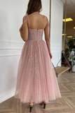 Spaghetti Straps Tea Length Pink Prom Dresses, Tea Length Pink Tulle Formal Homecoming Dresses HZ1023