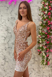 Rose Gold Sequin V-Neck Backless Short Homecoming Dress HZ1023