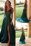 Green satin long prom dress A line evening dress HZ1023