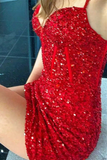 Red Sequin Bustier Spaghetti Straps Tight Homecoming Dress HZ1023