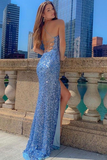 Prom Dress With Side Slit Spaghetti Straps Blue Sequin Mermaid HZ1023