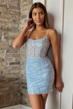 Gorgeous Light Blue Lace Straps Mini Party Dress HZ1023