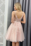 A-line Pink Short Homecoming Dress with Lace Appliques HZ1023