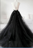 Unique Black Tulle V Neck Sheer Back Lace Applique Evening Dress, Formal Dress HZ1023
