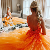 Elegant V Neck Beaded Orange Tulle Long Prom Dresses with Lace Appliques, Orange Lace Formal Graduation Evening Dresses HZ1023