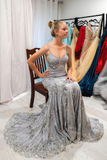 Mermaid V-Neck Silver Long Prom Dress with Open Back HZ1023