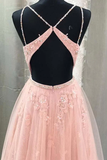 A-Line V Neck Spaghetti Straps Open Back Blush Lace Appliques Long Prom Dresses HZ1023
