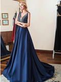 Double V-Neck Navy Blue Beads Crystal A Line Formal Prom Dresses HZ1023