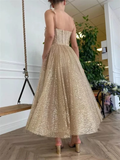 Gold sequin tulle corset fairy starlight gown long ball gown evening dress HZ1023