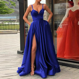 A Line Evening Dress with High Slit Satin Royal Blue Spaghetti Straps Sweetheart Long Evening HZ1023