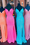 Pink Sequin V-Neck Side Slit Mermaid Long Formal Dress HZ1023
