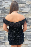 Black Sequin Off-the-Shoulder Feathered Short Party Dress HZ1023