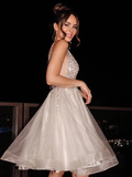 A-Line/Princess V-neck Tulle Sleeveless Beading Short/Mini Homecoming Dresses HZ1023