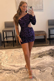 Purple Sequin One-Sleeve Cutout Short Homecoming Dress HZ1023
