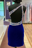 Royal Blue Velvet One-Shoulder Beaded Short Homecoming Dress HZ1023