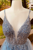 Stunning Blue Sequins Plunge Neck A-Line Short Homecoming Dress HZ1023