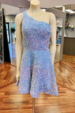 White Iridescent Sequin One-Shoulder A-Line Short Dress HZ1023