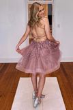 A-Line Cashmere Rose Appliques Backless Short Homecoming Dress HZ1023